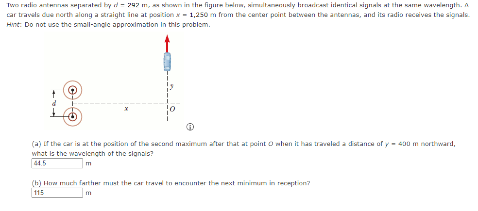 Solved Two radio antennas separated by d = 292 m, as shown | Chegg.com