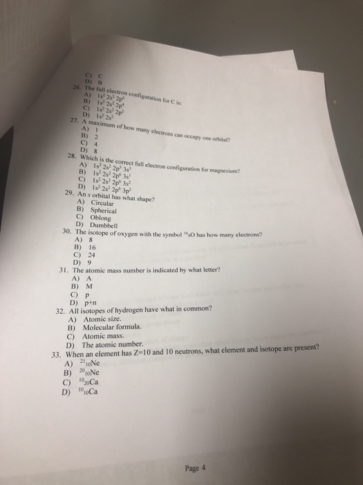 Solved c) c D) B 26. The full electron configuration for C | Chegg.com