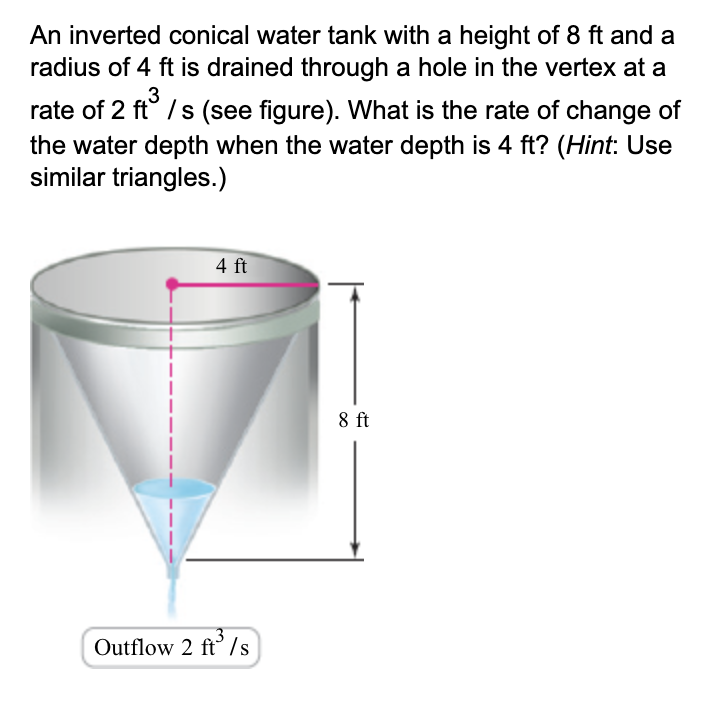 Solved An inverted conical water tank with a height of 8 ft | Chegg.com