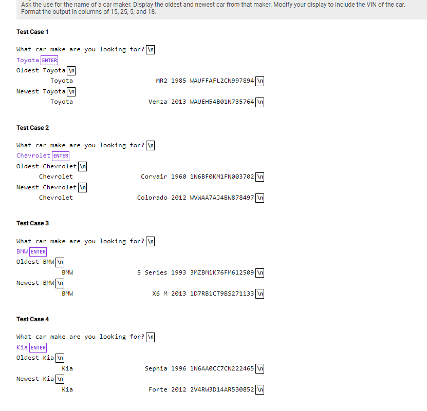 Solved In java. Ask the use for the name of a car maker. | Chegg.com