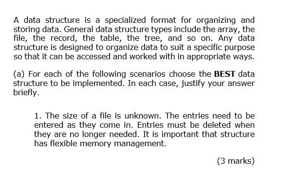 Solved A data structure is a specialized format for | Chegg.com