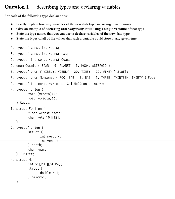 Question 1 — describing types and declaring variables | Chegg.com