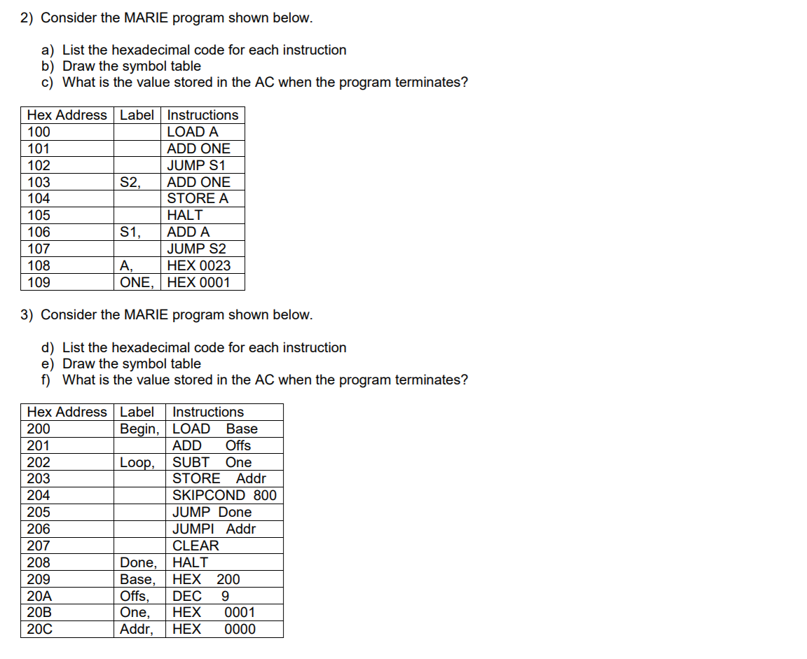 2) Consider The MARIE Program Shown Below. A) List | Chegg.com