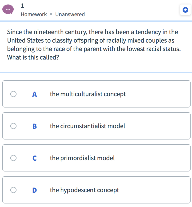 Hypodescent Example Solved Unanswered Homework Since the nineteenth century, | Chegg.com