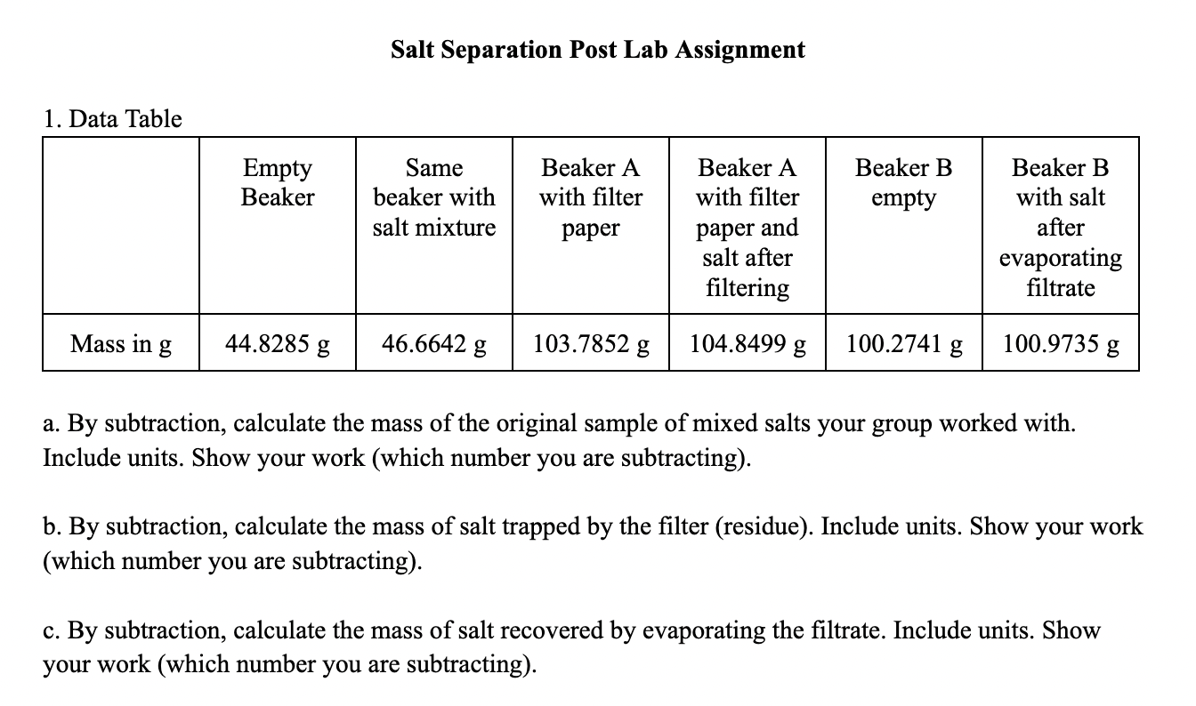 Solved Salt Separation Post Lab Assignment 1 Data Tahle a.