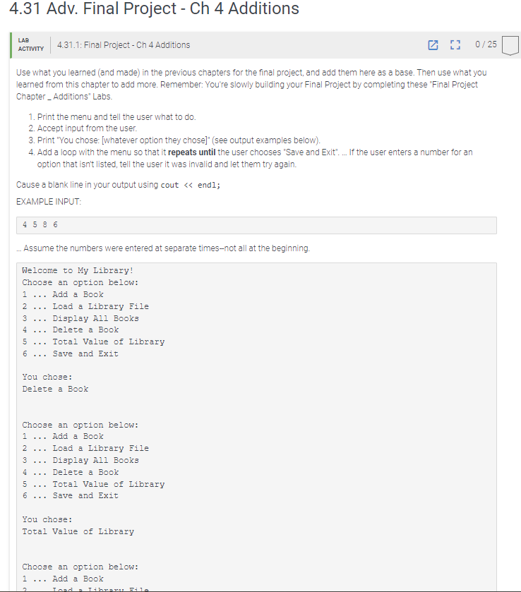 Solved LAB ACTIVITY 4.31.1: Final Project - Ch 4 Additions | Chegg.com