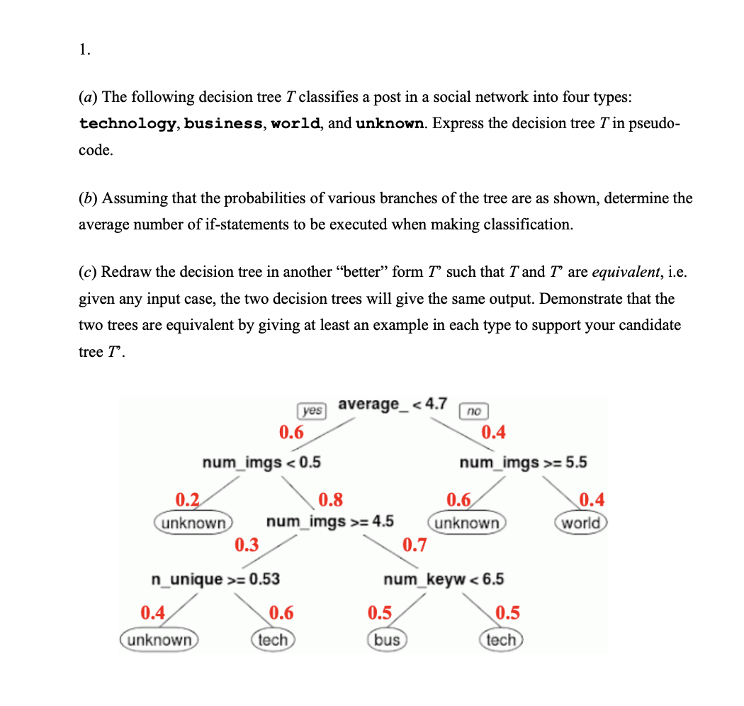 Solved 1. (a) The following decision tree T classifies a | Chegg.com