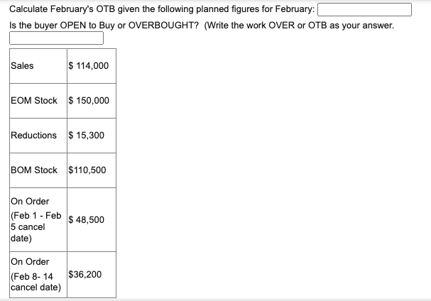 Calculate July s OTB Given The Following Planned Chegg