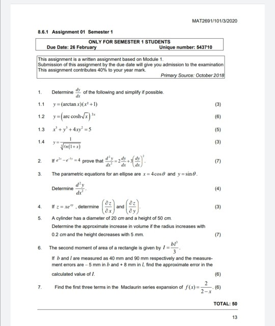 Solved MAT2691/101/3/2020 8.6.1 Assignment 01 Semester 1 | Chegg.com