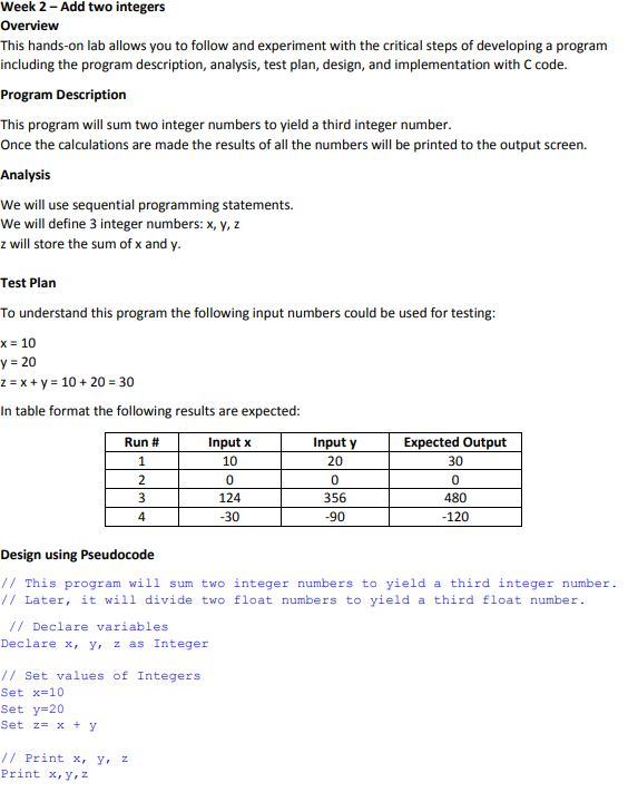 Solved Week 2- Add two integers Overview This hands-on lab | Chegg.com
