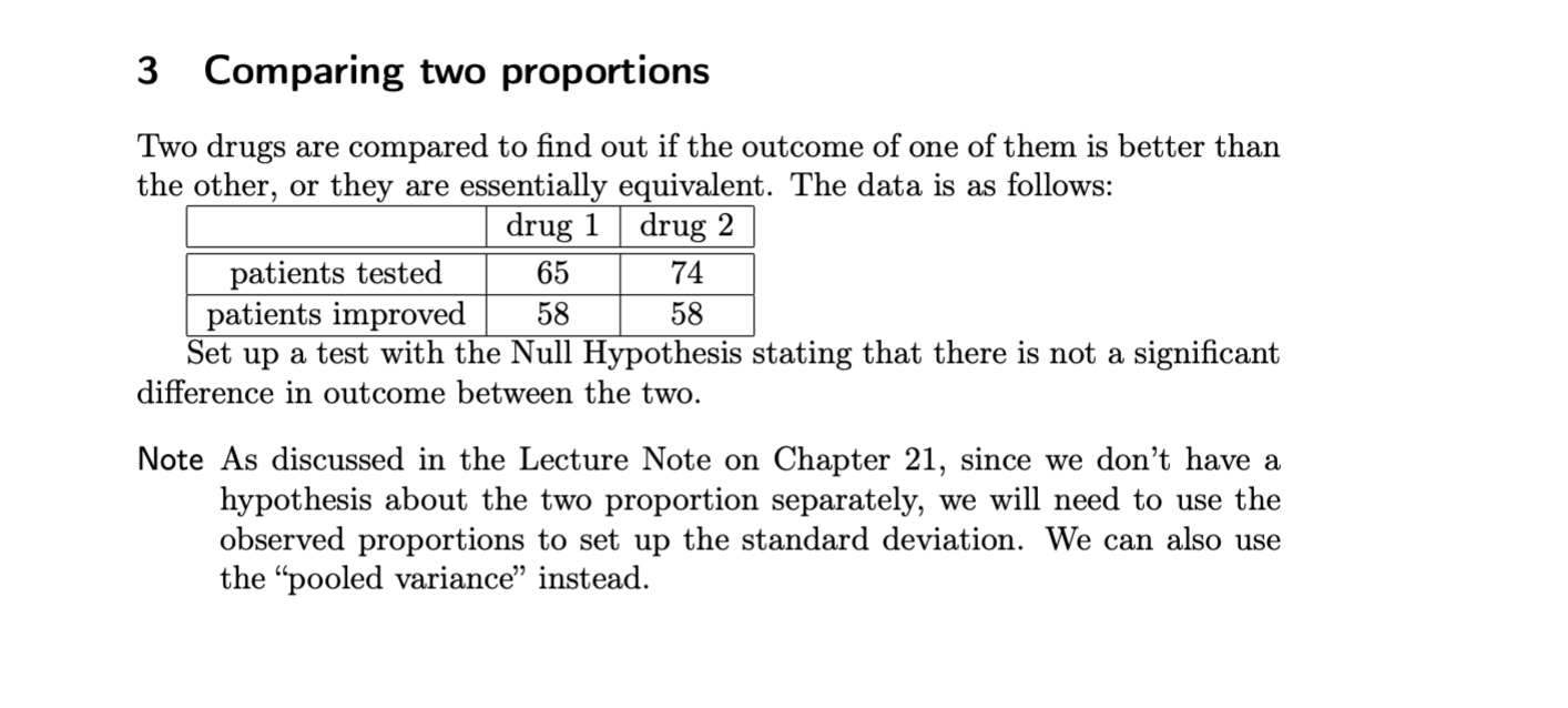 Solved 3 Comparing two proportions Two drugs are compared to | Chegg.com