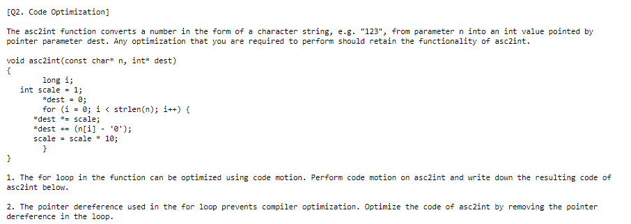 [Q2. Code Optimization] The asc2int function converts | Chegg.com