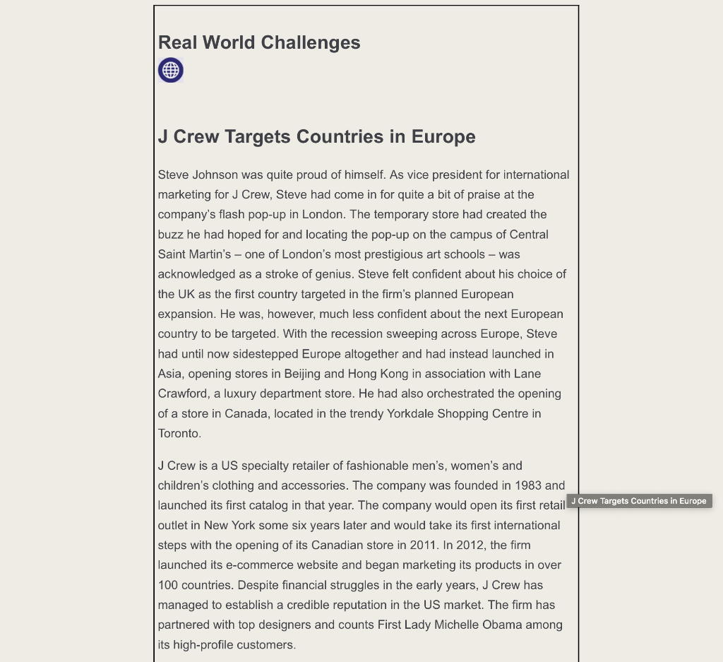 Solved Real World Challenges J Crew Targets Countries In Chegg Com