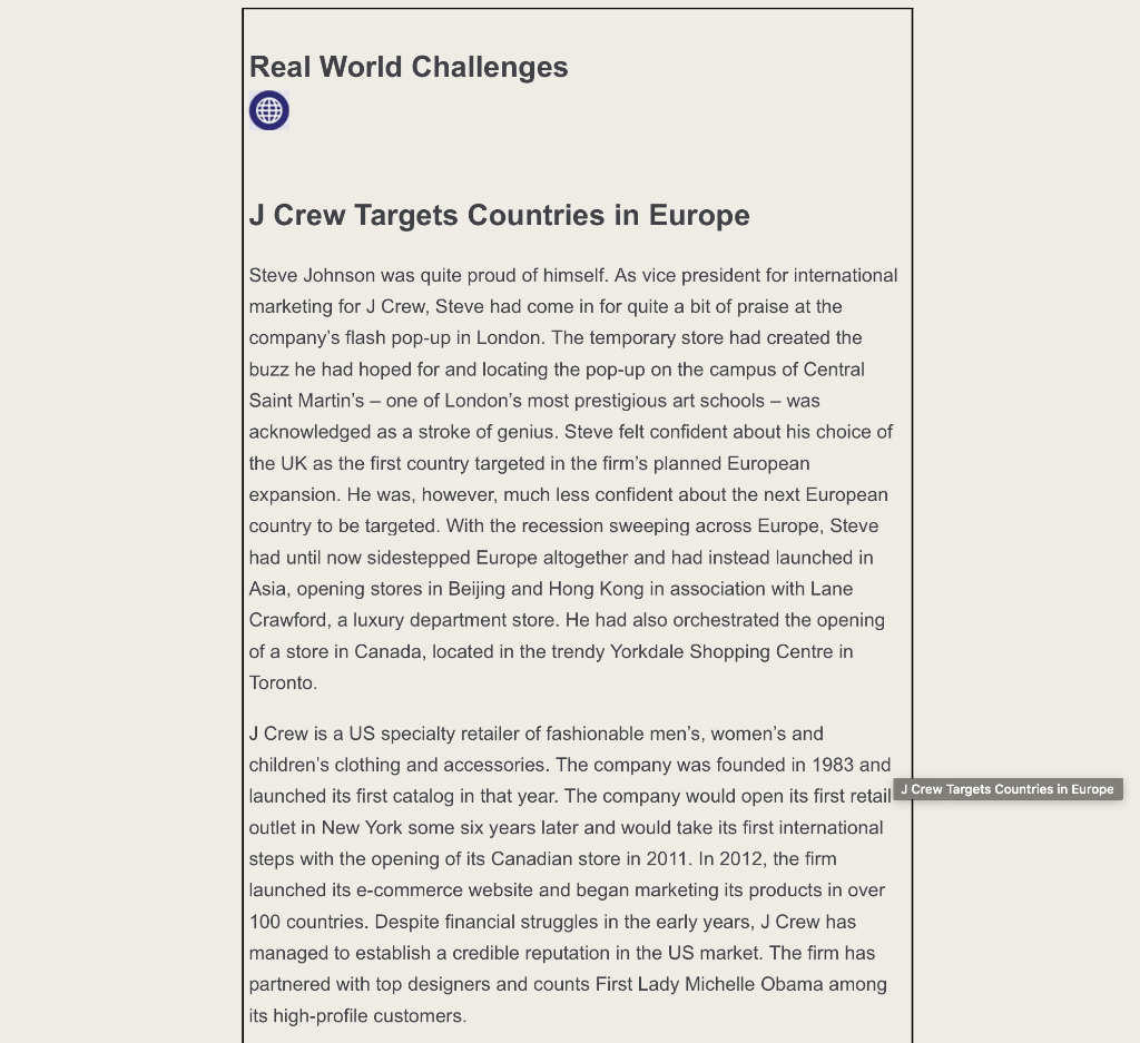 Real World Challenges J Crew Targets Countries In Chegg Com