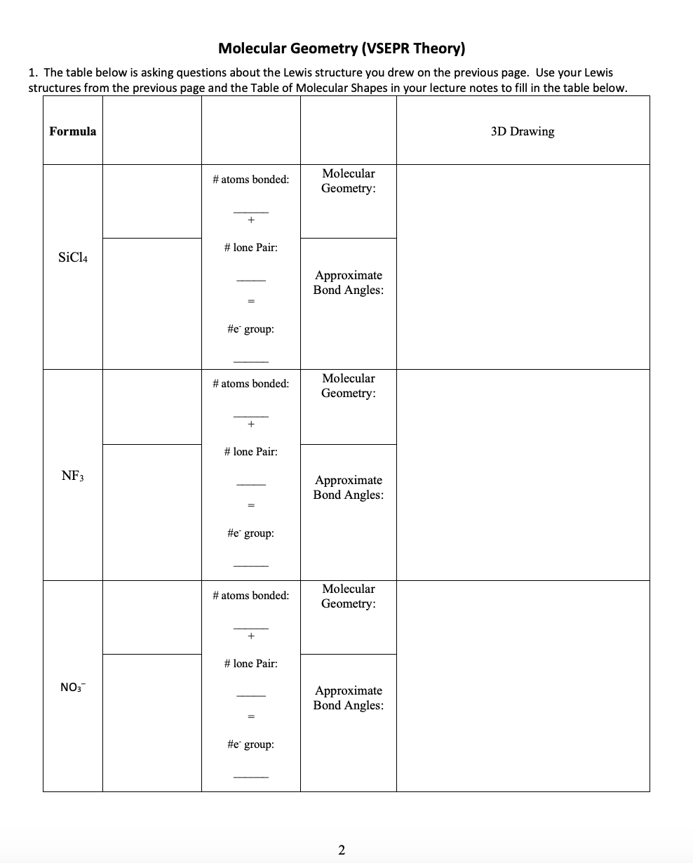 Molecular Geometry (VSEPR Theory) 1. The table below | Chegg.com