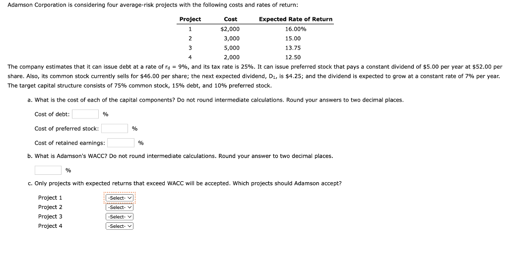 Solved Adamson Corporation is considering four average-risk | Chegg.com