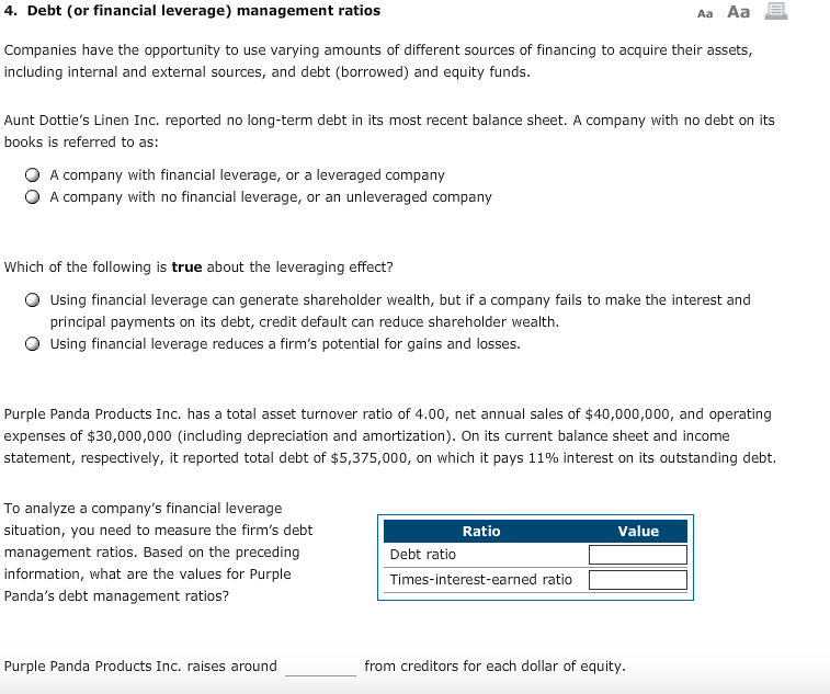 Solved 4. Debt (or Financial Leverage) Management Ratios Aa | Chegg.com