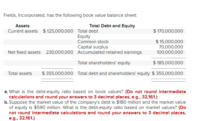 Solved Fields, Incorporated, Has The Following Book Value | Chegg.com
