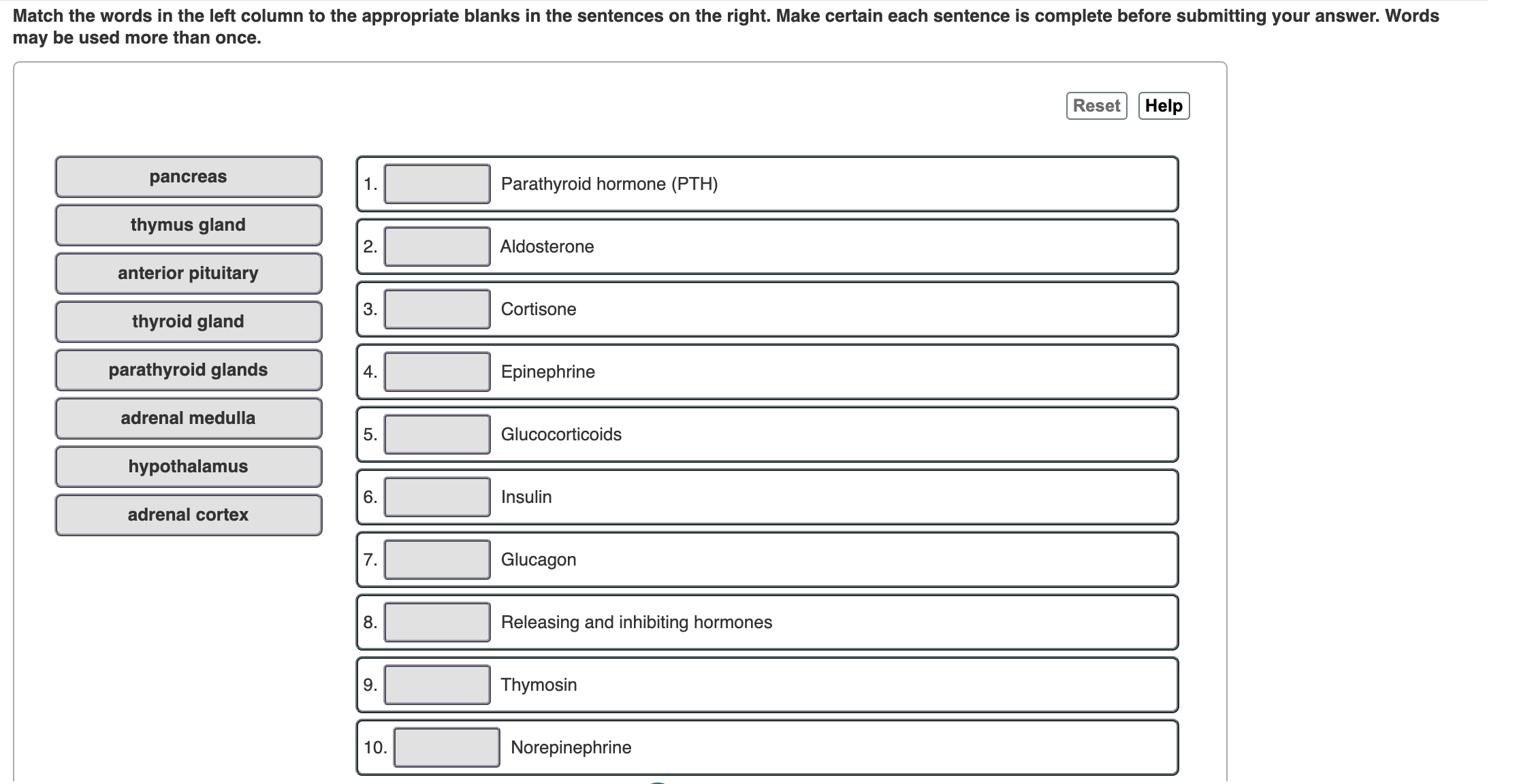 Solved Match the words in the left column to the appropriate | Chegg.com