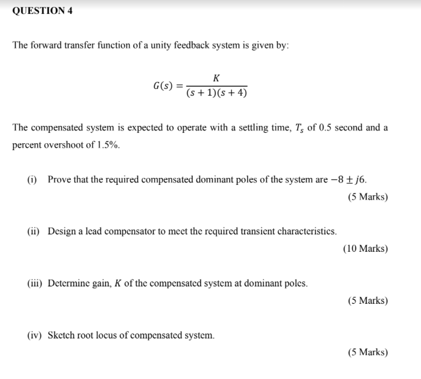 Solved QUESTION 4 The forward transfer function of a unity | Chegg.com