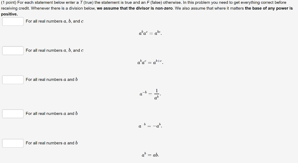 Solved (1 point) For each statement below enter a T (true) | Chegg.com