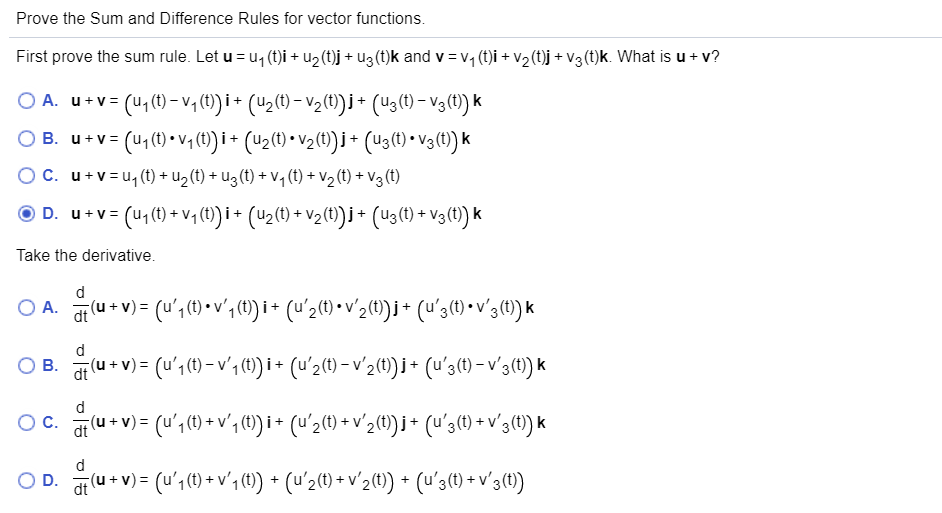 Solved Prove The Sum And Difference Rules For Vector Func Chegg Com