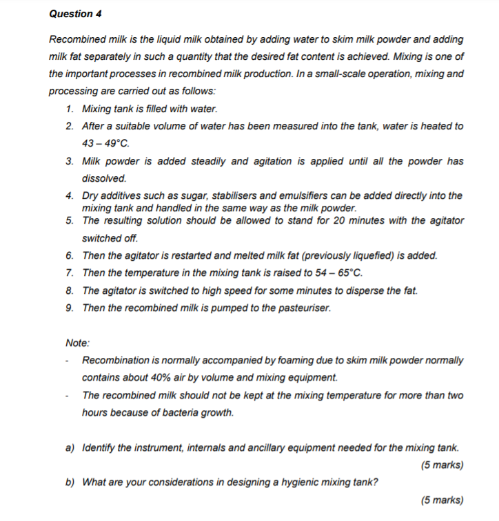 Solved Question 4 Recombined milk is the liquid milk | Chegg.com
