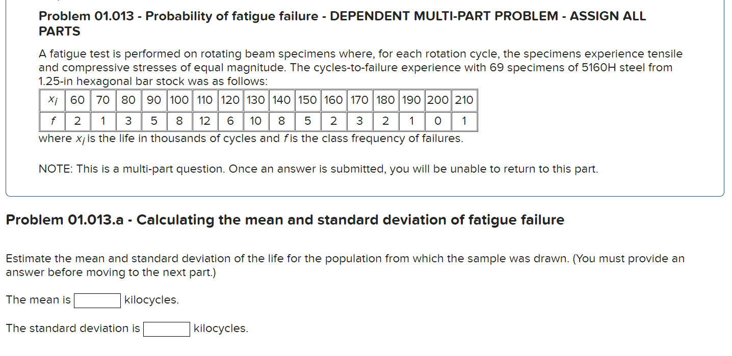 Solved Problem 01.013 - Probability Of Fatigue Failure - | Chegg.com