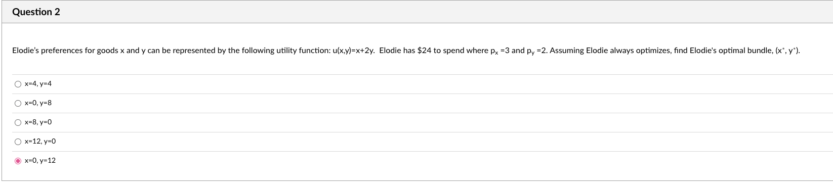 \( \begin{array}{l}x=4, y=4 \\ x=0, y=8 \\ x=8, y=0 \\ x=12, y=0 \\ x=0, y=12\end{array} \)