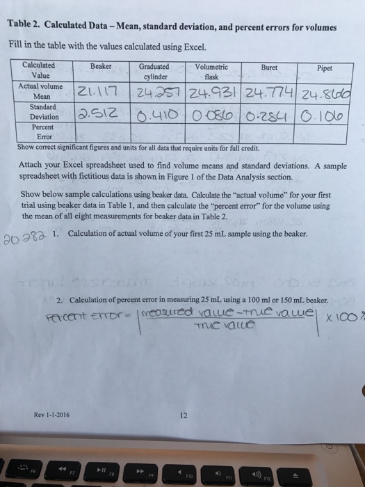 Solved how to calculate percent error in table 2 and answer chegg