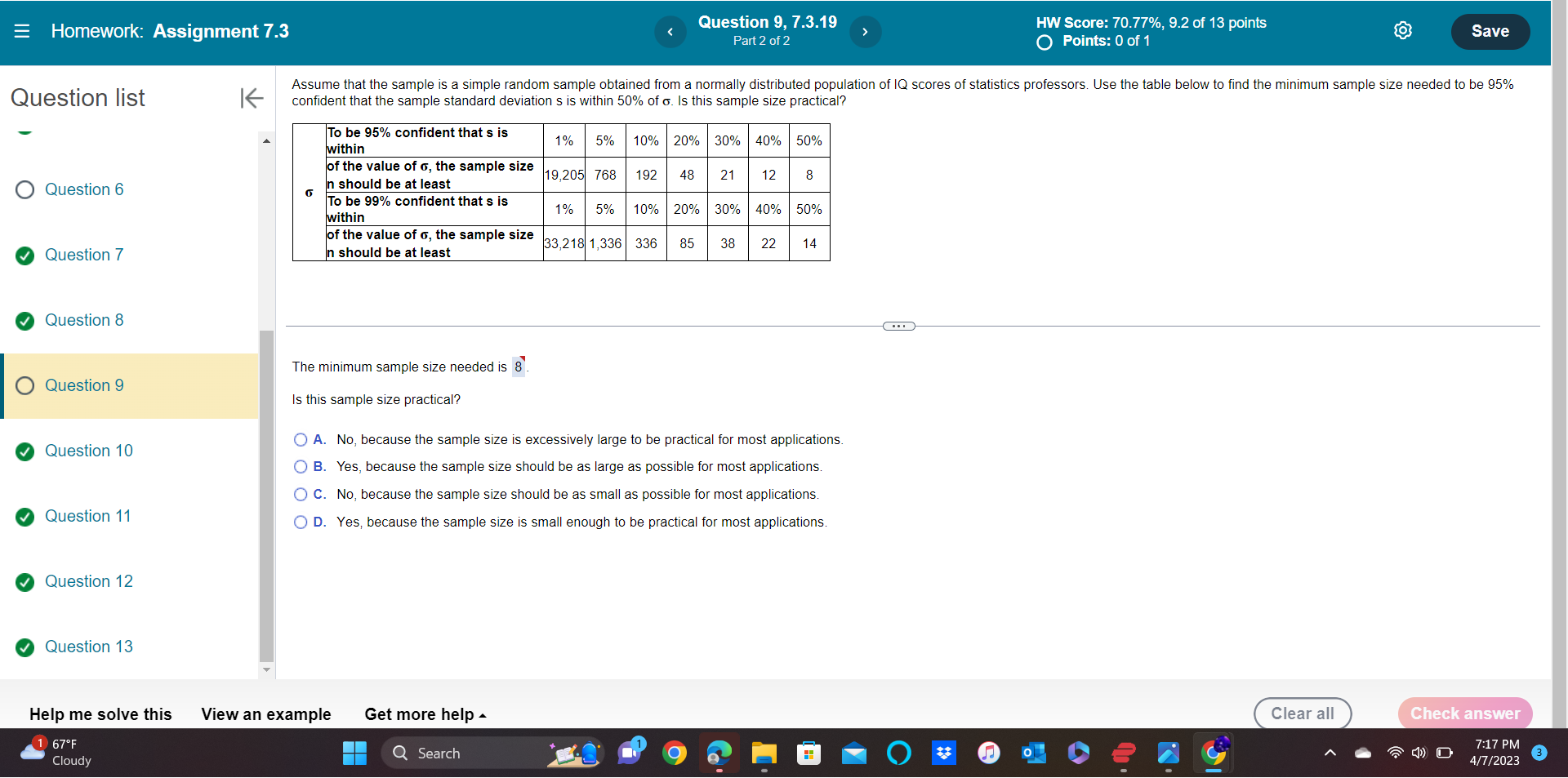 Solved The minimum sample size needed is 8 . Is this sample | Chegg.com