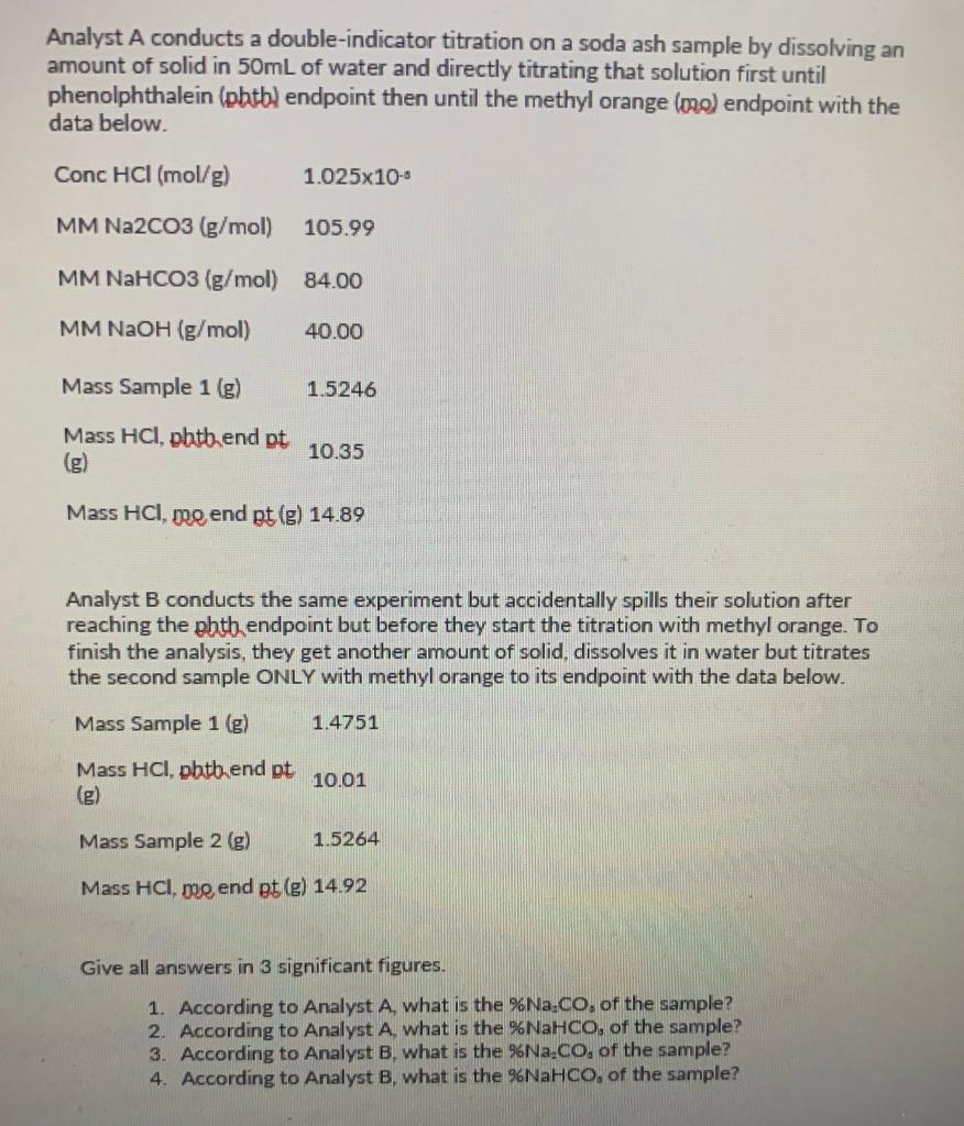 Solved Analyst A conducts a doubleindicator titration on a