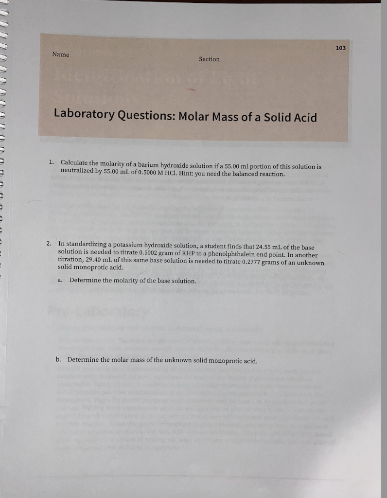 Solved Laboratory Questions: Molar Mass of a Solid Acid 1. | Chegg.com
