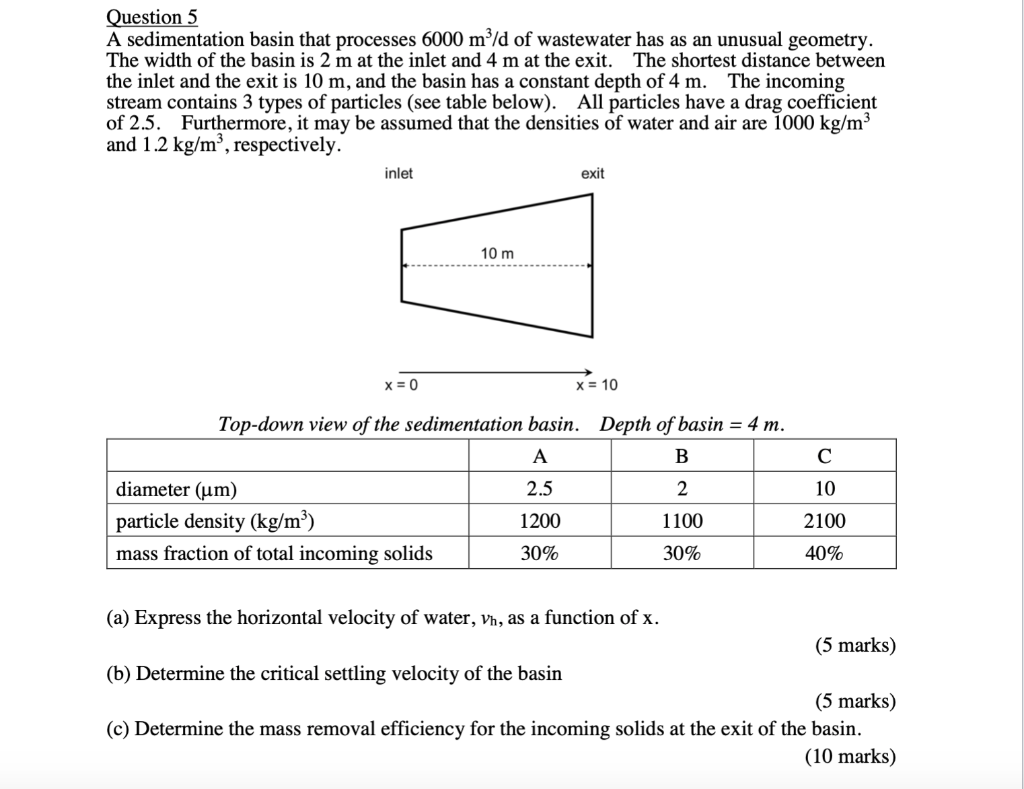 Solved Question 5 A Sedimentation Basin That Processes 60 Chegg Com