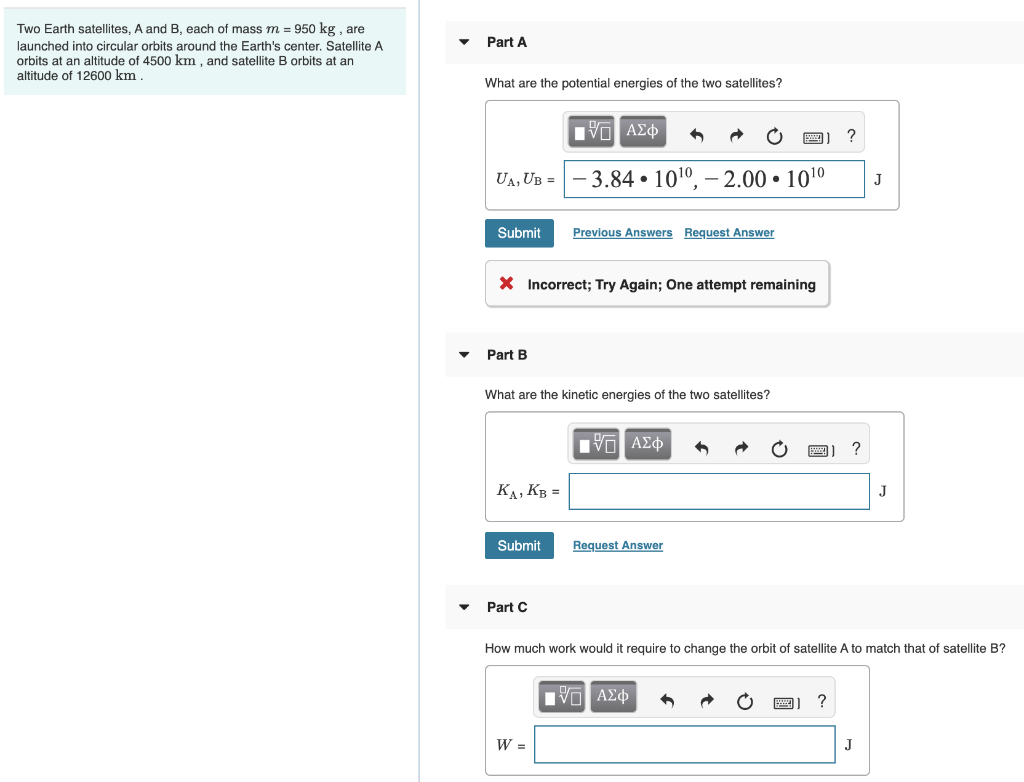 Solved Part A Two Earth Satellites, A And B, Each Of Mass M | Chegg.com