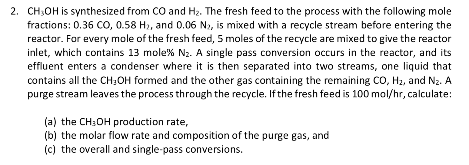 Solved 2. CH3OH is synthesized from CO and H2. The fresh | Chegg.com