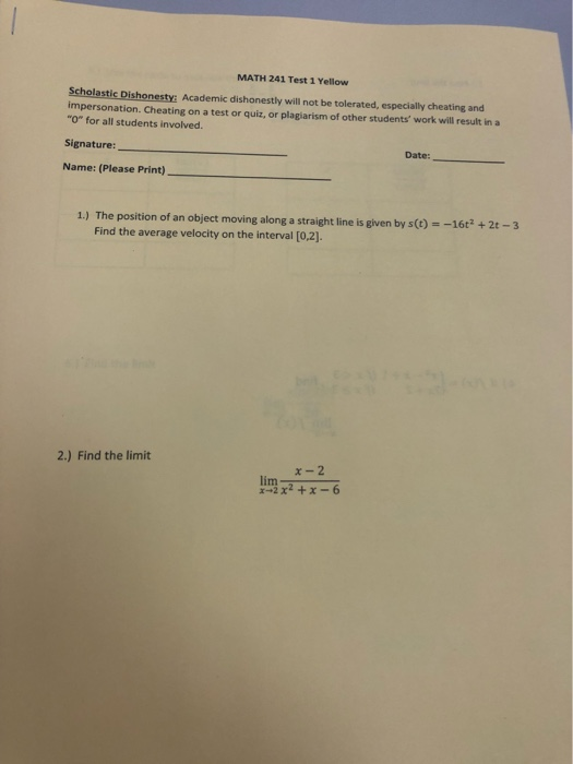 Solved Math 241 Test 1 Yellow Scholastic Dishonesty Acad Chegg Com