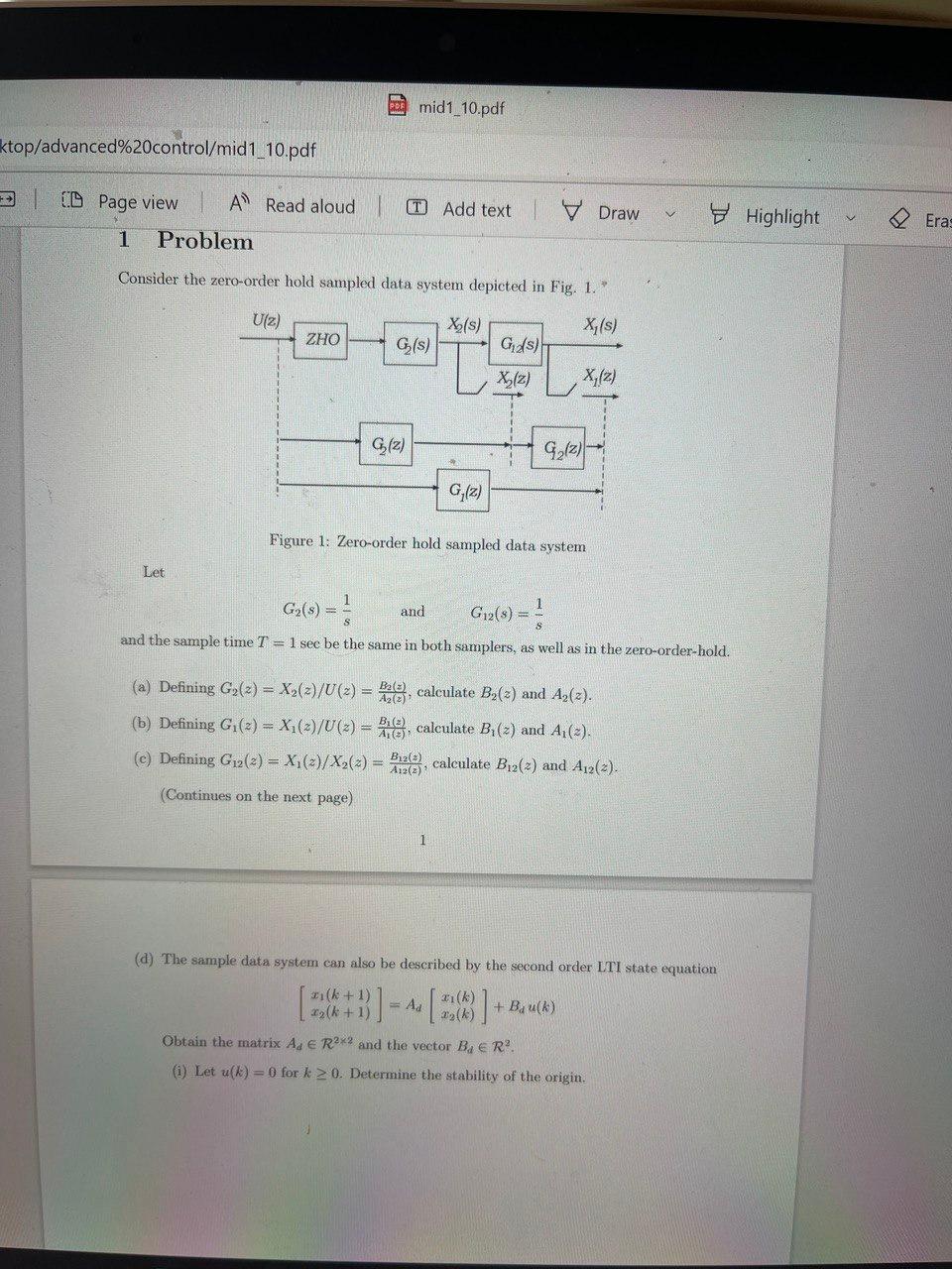 Consider the zero order hold sampled data system chegg