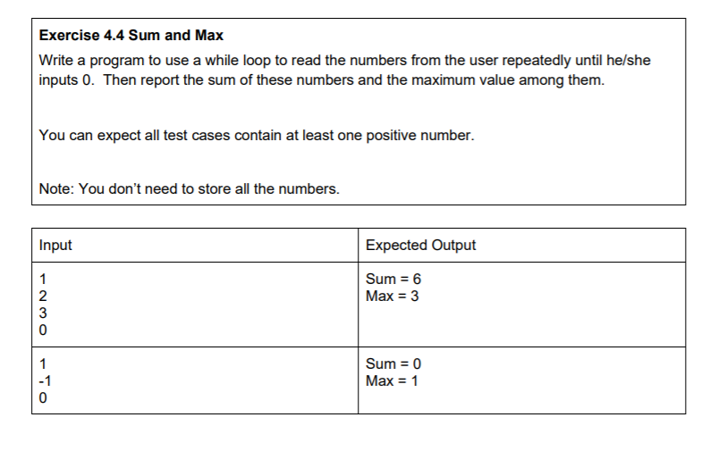 Solved Exercise 4.4 Sum and Max Write a program to use a | Chegg.com
