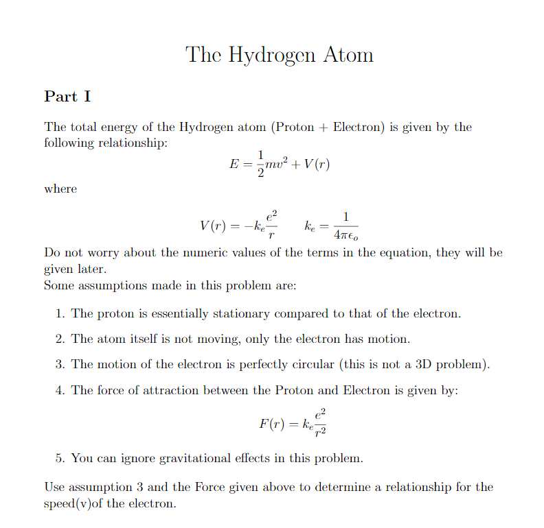Solved The Hydrogen Atom Part I The total energy of the | Chegg.com