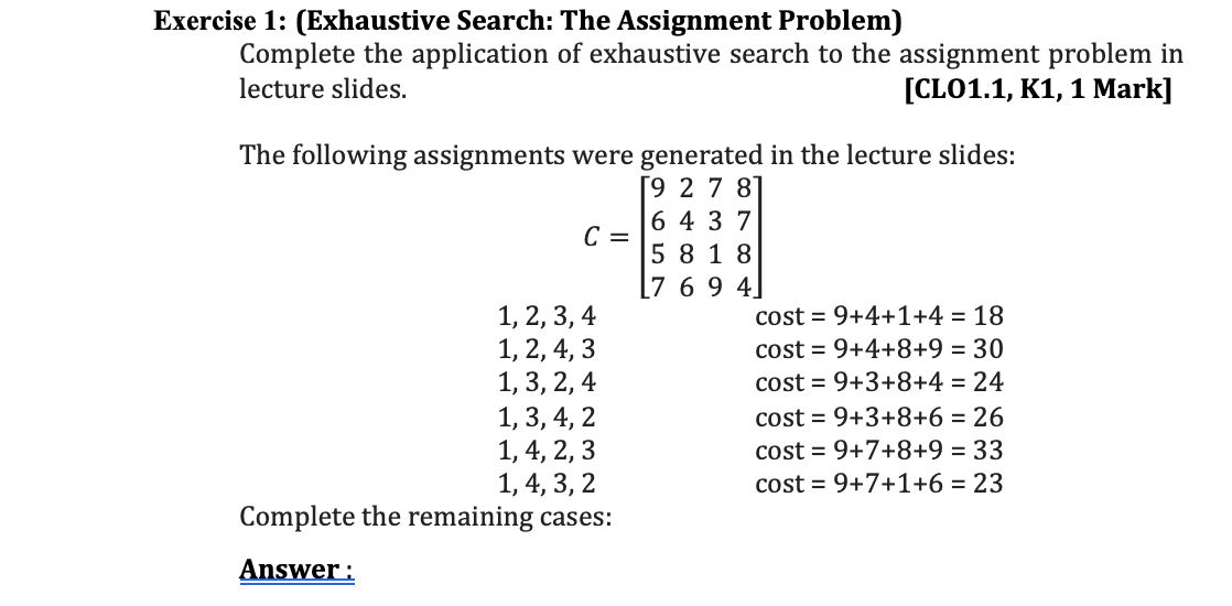 assignment problem using exhaustive search