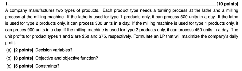 Solved 1. - [10 points] A company manufactures two types of | Chegg.com