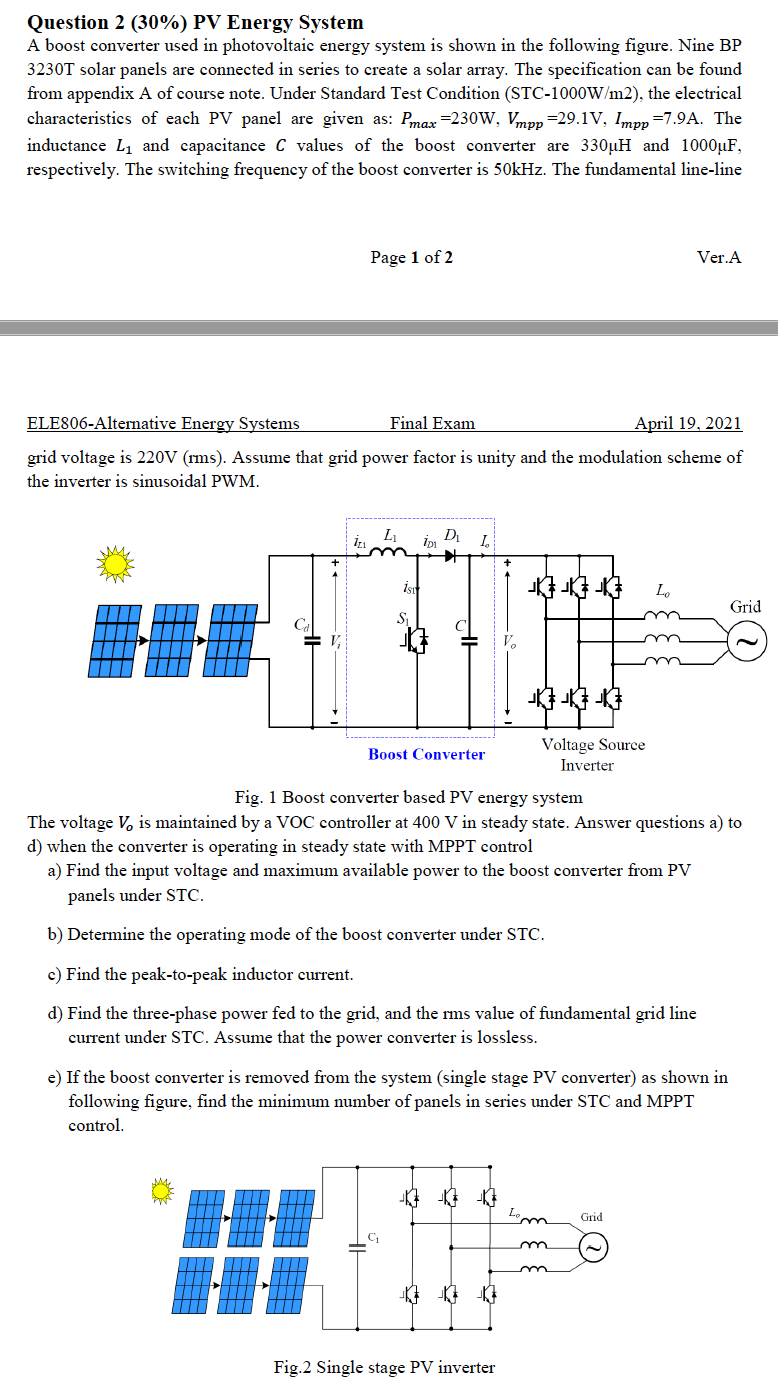 Solved Question 2 (30%) PV Energy System A boost converter | Chegg.com