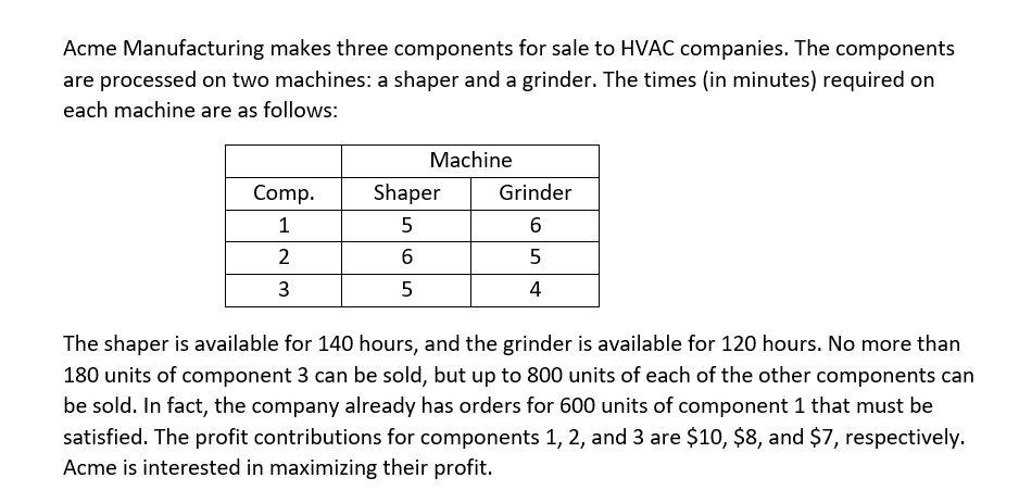 Solved Acme Manufacturing makes three components for sale to | Chegg.com