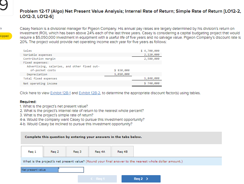 Solved Problem 12-17 (Algo) Net Present Value Analysis; | Chegg.com