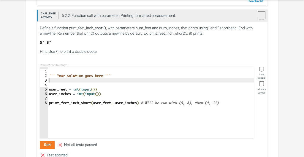 Solved Feedback? CHALLENGE ACTIVITY 5.2.2: Function call | Chegg.com