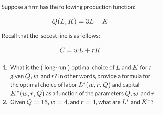 Solved Suppose a firm has the following production function: | Chegg.com