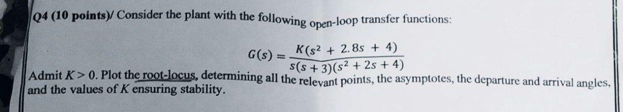 Solved 04 (10 points) Consider the plant with the following | Chegg.com