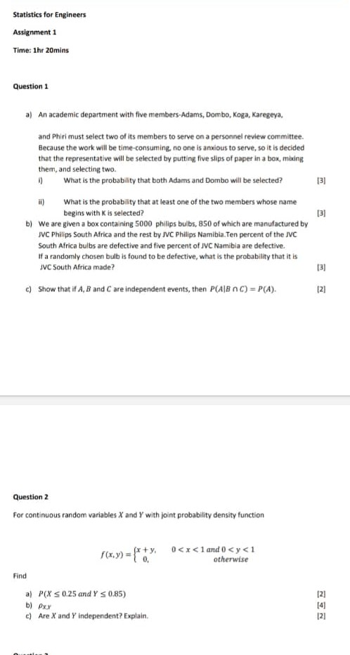 Solved Statistics for Engineers Assignment 1 Time: 1hr | Chegg.com