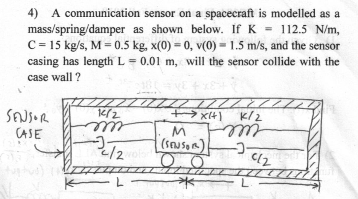 4) A communication sensor on a spacecraft is modelled as a mass \( / \) spring \( / \) damper as shown below. If \( \mathrm{K